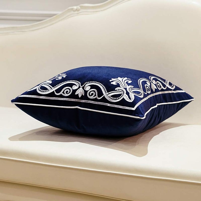Avigers 20 x 20 Inch European Cushion Cover Luxury Velvet Home Decorative Embroidery Petunias Pillow Case Pillowcase for Sofa Chair Bedroom Living Room, Navy Blue - Image 3